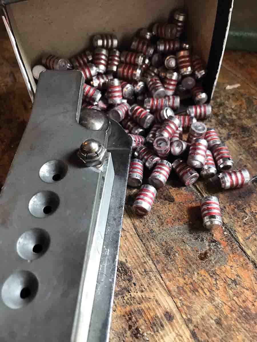 Wadcutter bullets dropped from an NEI 150-358-WC mould with a diameter of .358 inch. Pushing the bullets through a .359-inch sizing die only added a hard lube in their grooves.